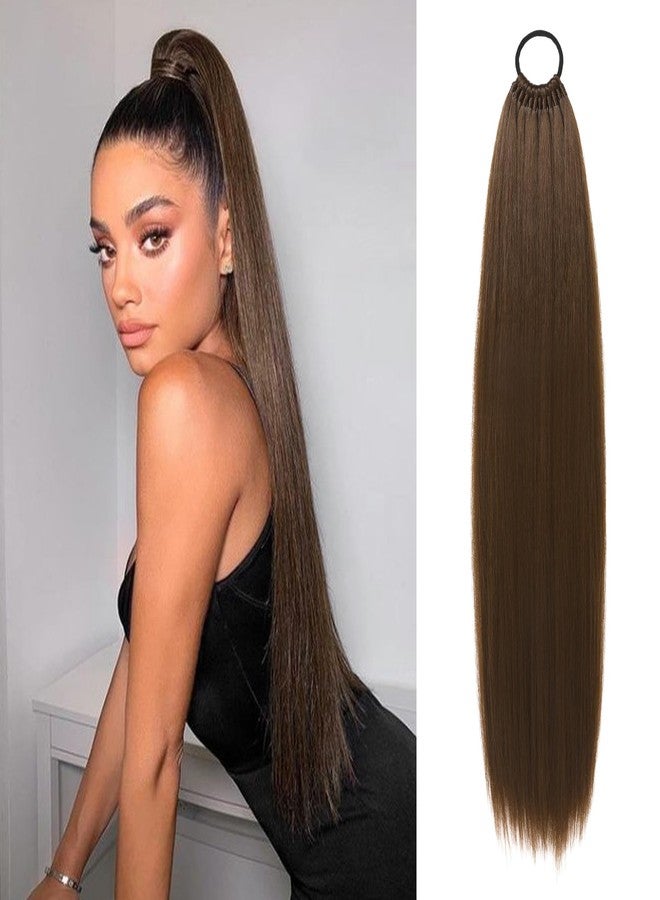 FLUFYMOOZ 28 Inch Ponytail Extension, Versatile Elastic Band Ponytail Extension for Women, Long Straight Synthetic Ponytail Daily Hair Chocolate Brown - Image 1